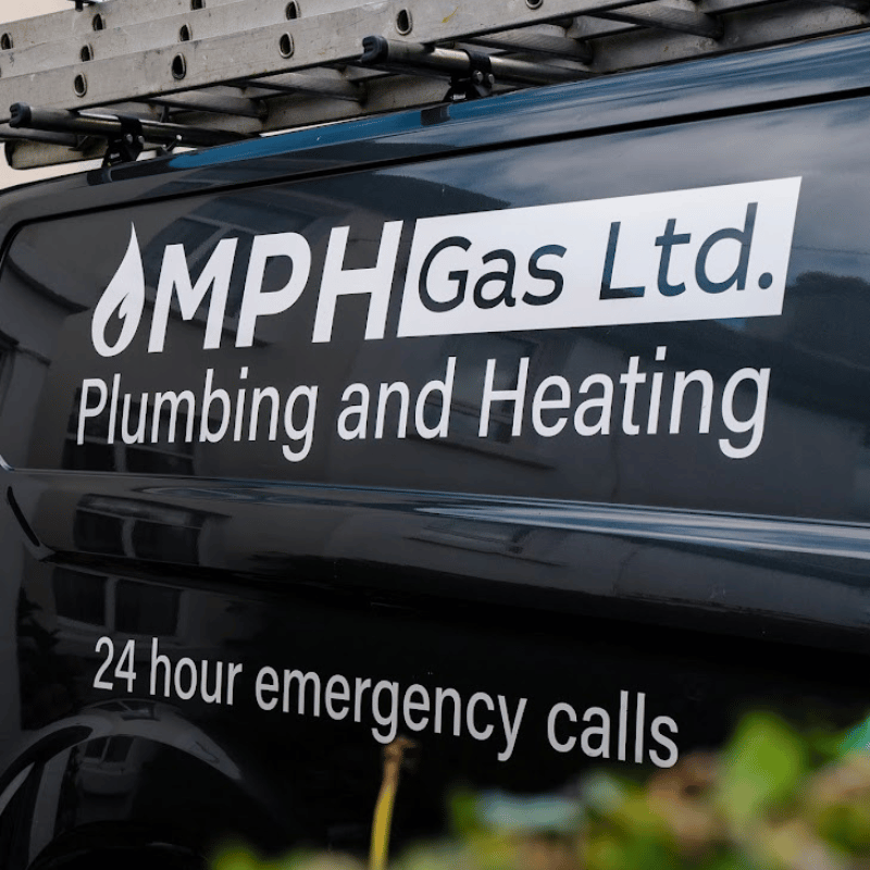 Close-up of MPH Gas Ltd van branding with 24-hour emergency call